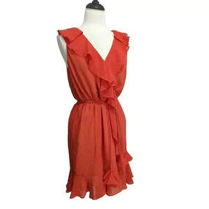 New Orange Faux Wrap Sleeveless Ruffle Dress with Tie Belt Size Large